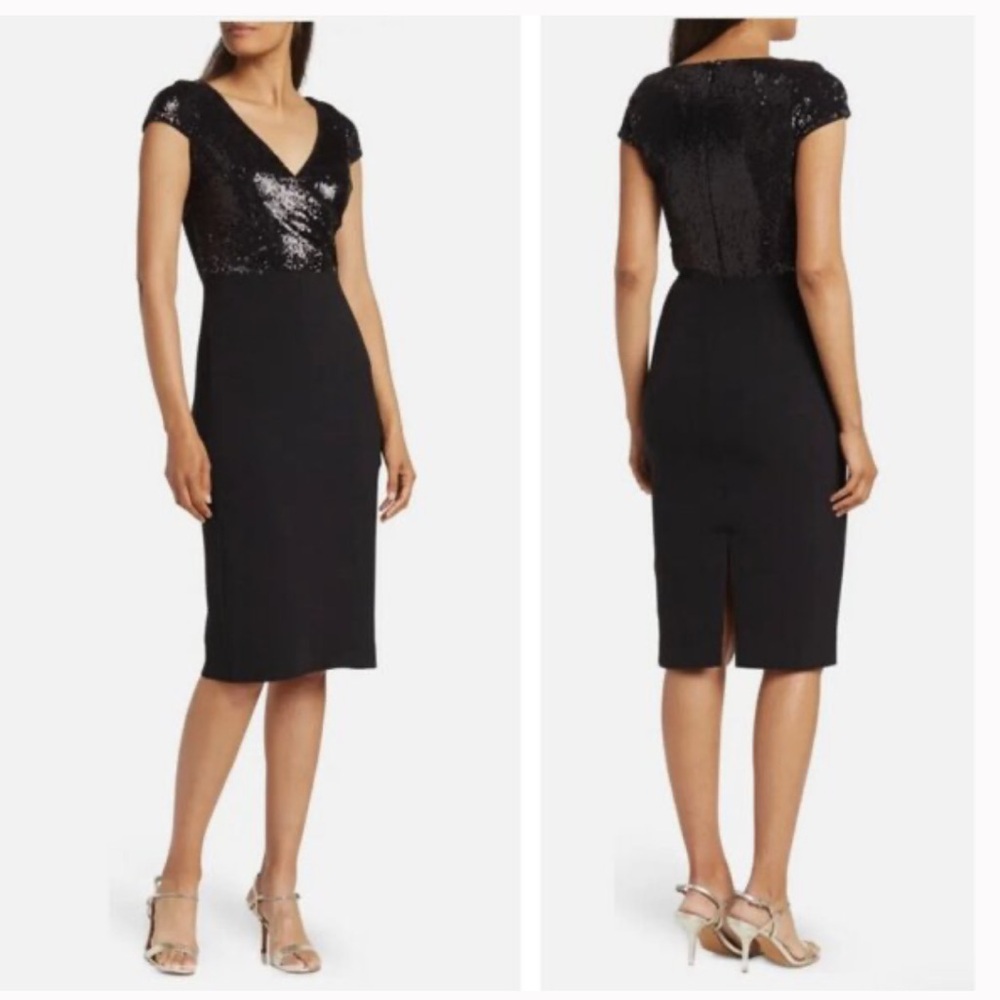 Dress The Population Jaleah Black Sequin V-Neck Bodycon Midi Dress SZ S